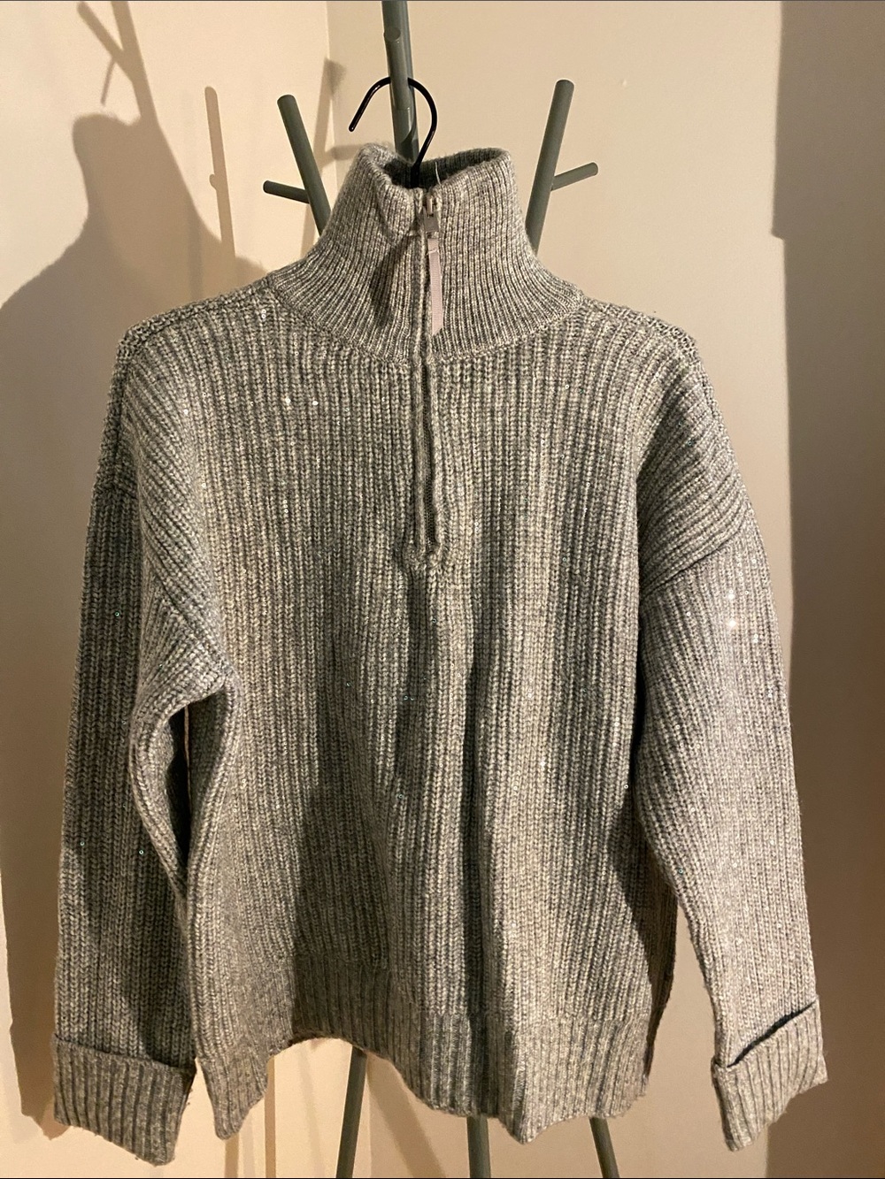 Gray Ribbed Half-Zip Women’s Sweater with Sequins